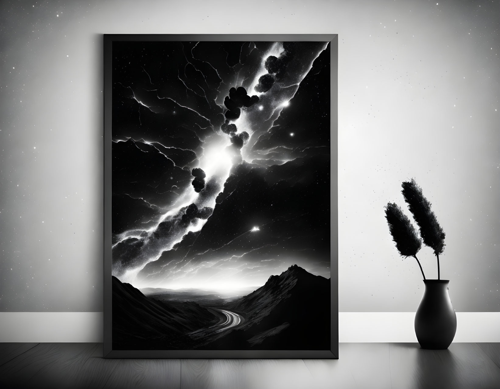 Monochrome wall art of lightning over mountains and flowers on wooden floor