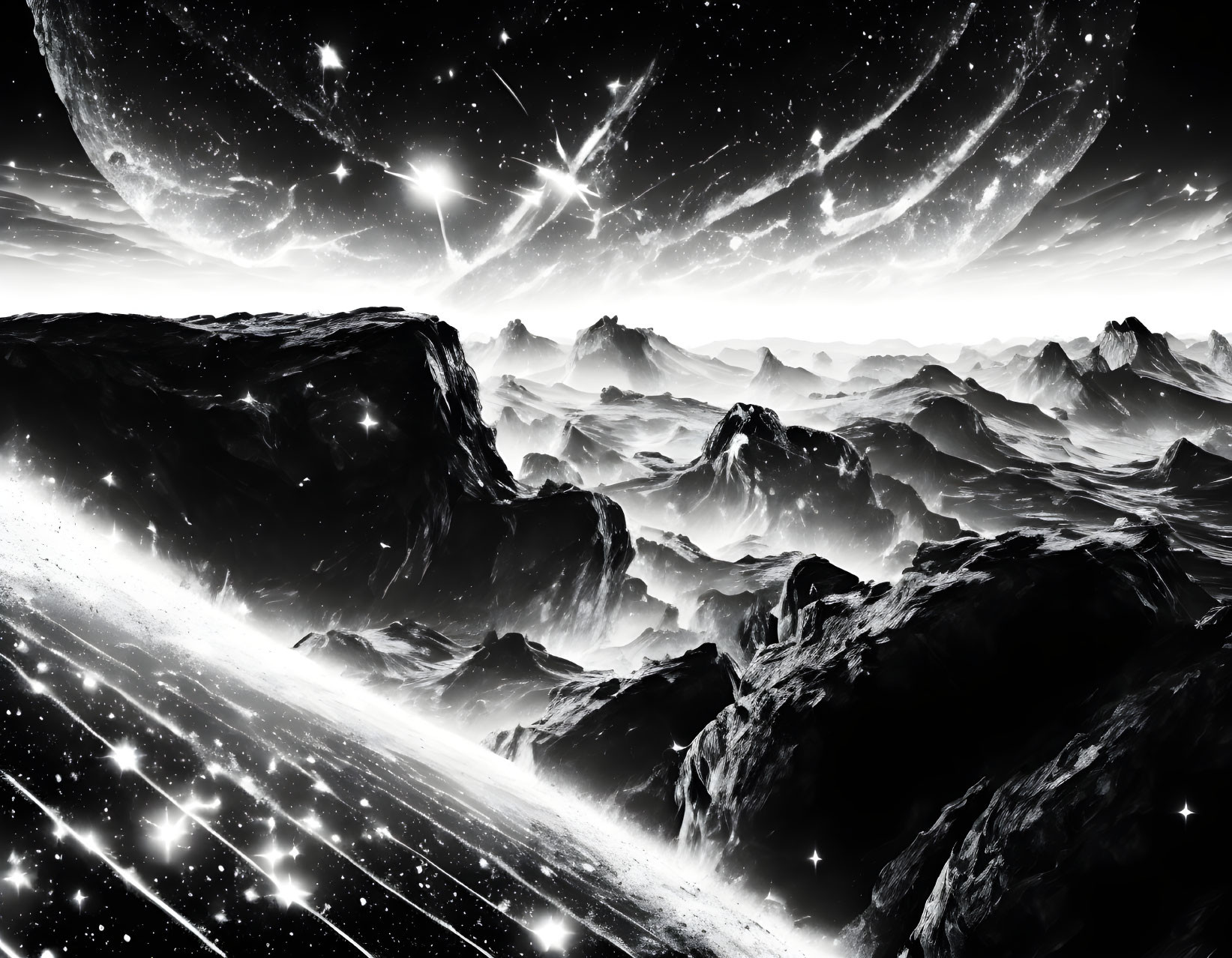 Monochrome fantasy landscape with rugged mountains and starry sky