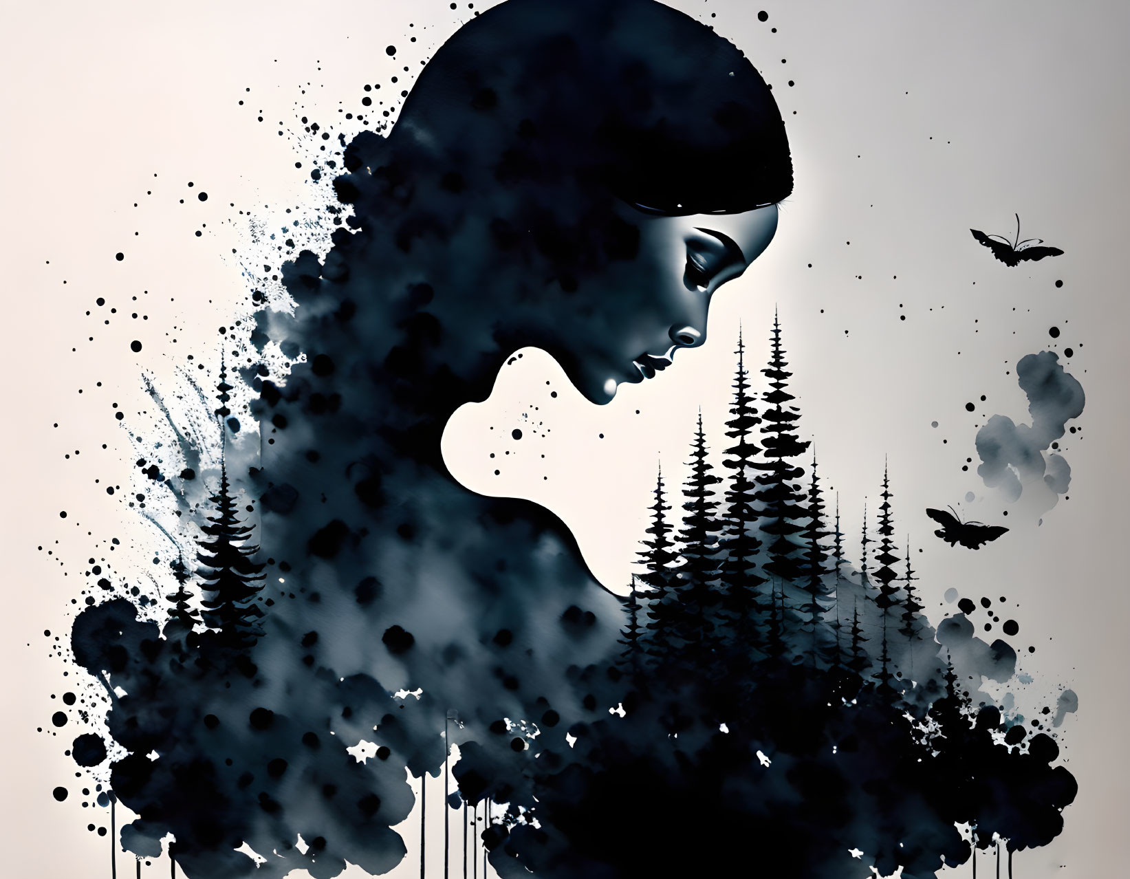 Woman's profile silhouette with forest and birds in black watercolor on light background