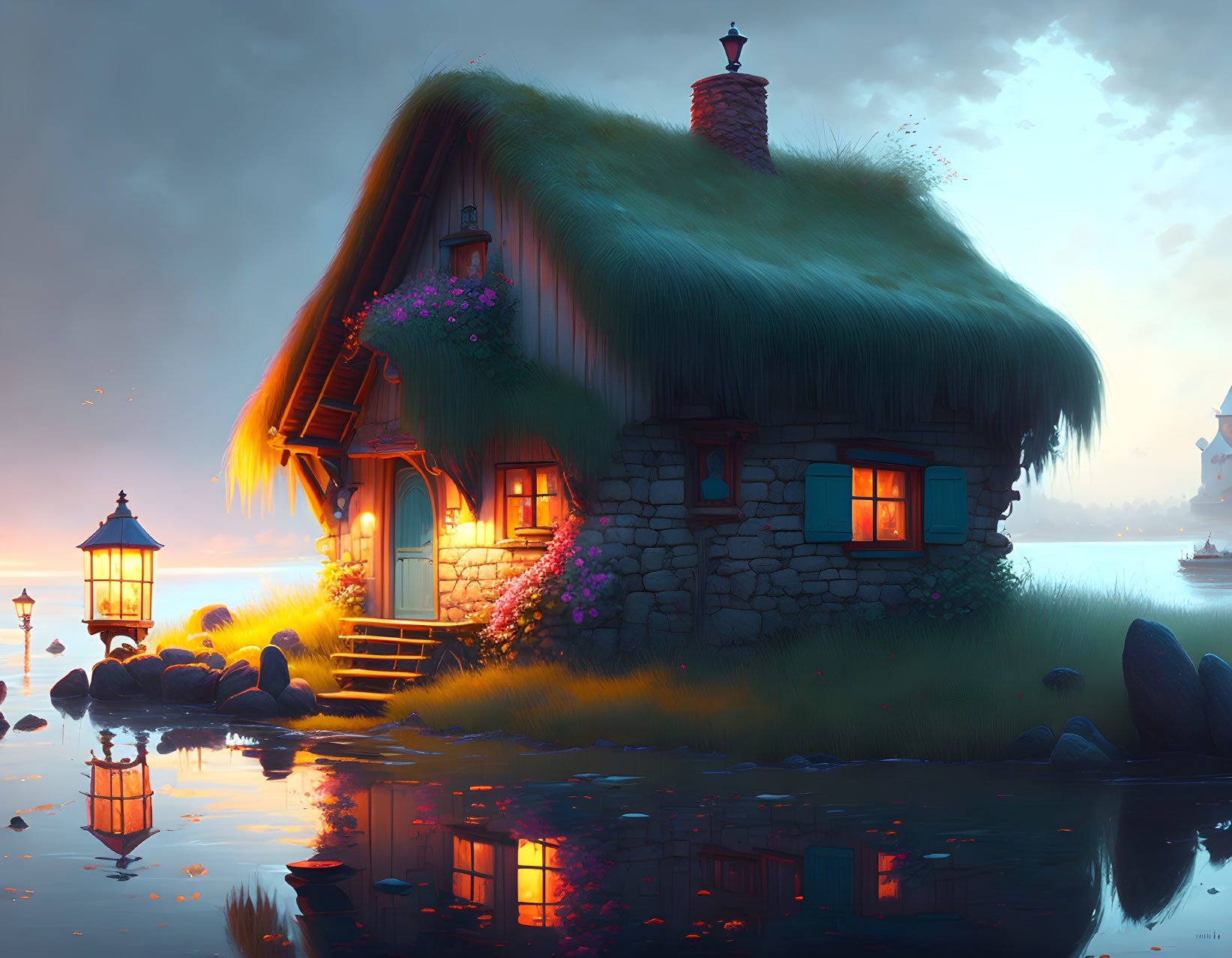 Thatched roof stone cottage by calm lakeside at twilight