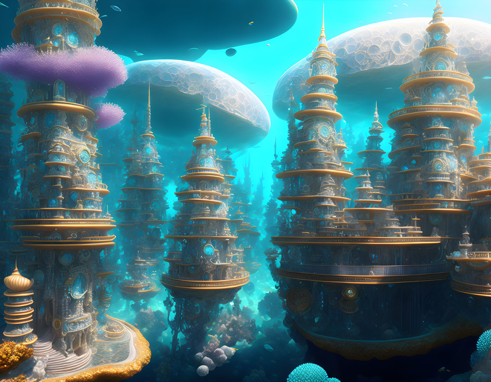 Fantasy underwater city with glowing towers and jellyfish-like creatures