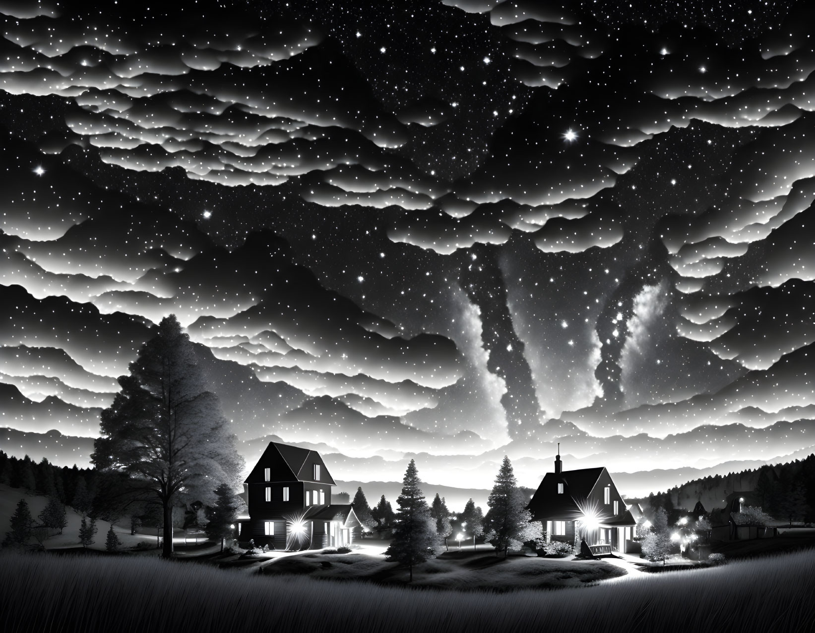 Monochrome night scene with two houses, trees, starry sky, clouds, and shooting star