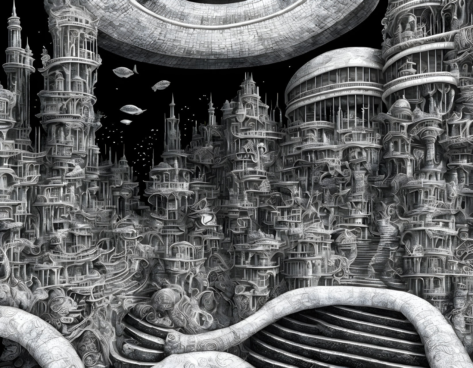 Detailed monochrome illustration of futuristic cityscape.