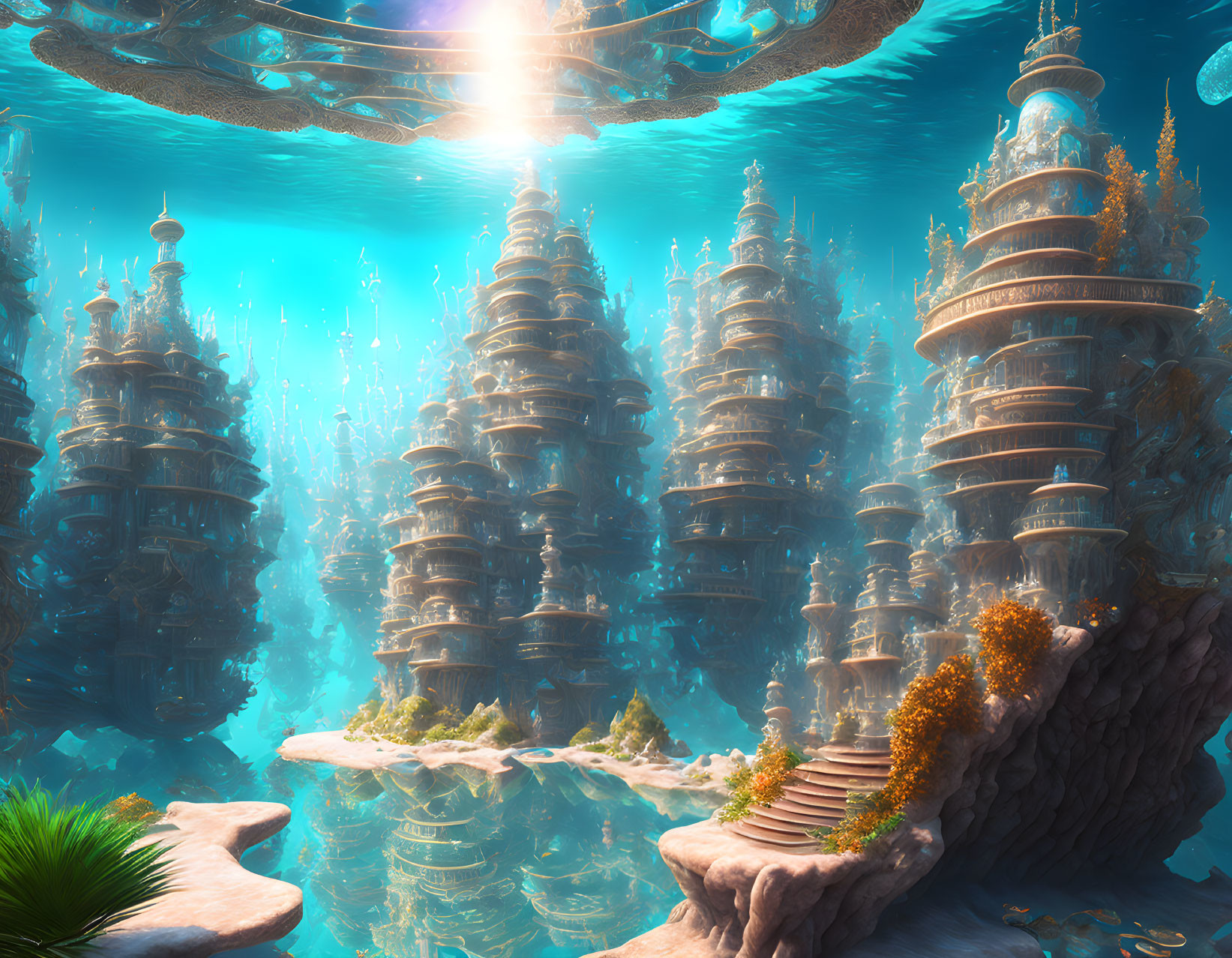 Underwater city with coral structures and marine life