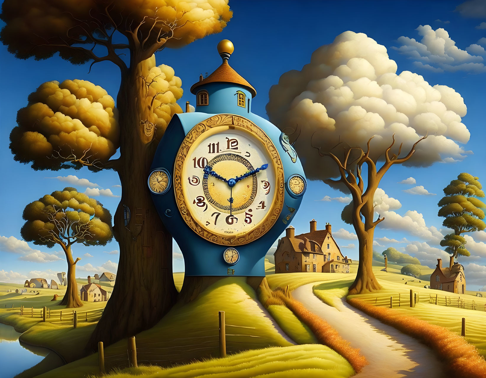 Surreal landscape with trees, clouds, house, and large clock