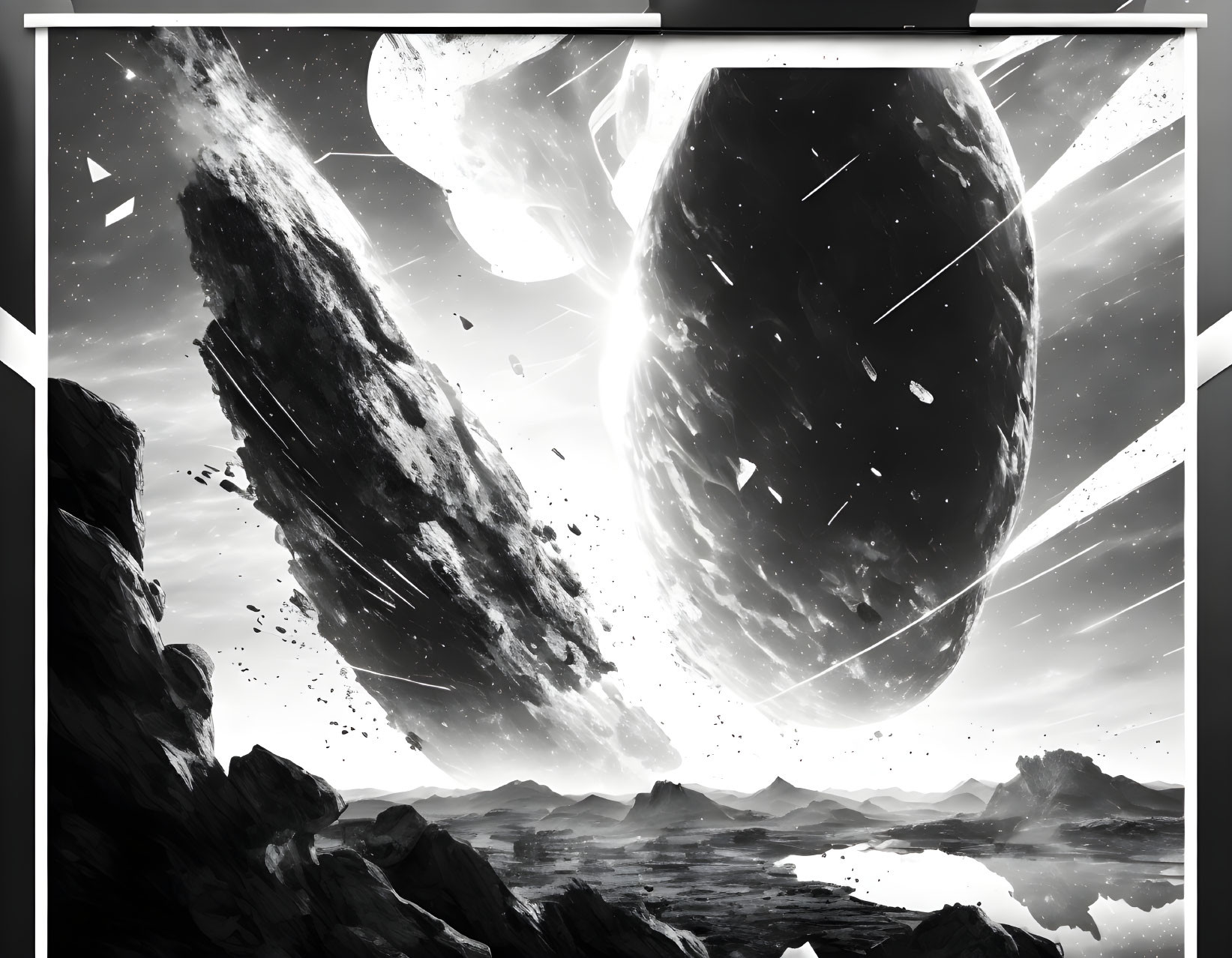 Monochromatic sci-fi landscape with celestial bodies and debris