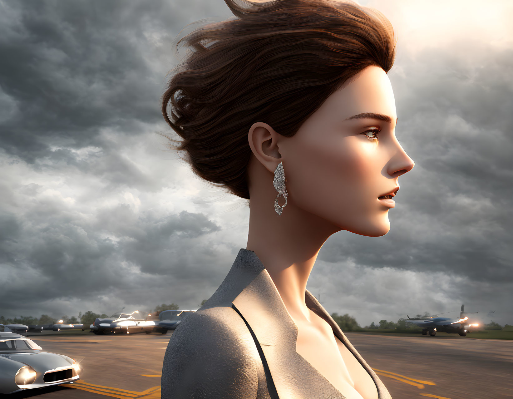 3D-rendered image of woman in suit with vintage cars and airplane in background