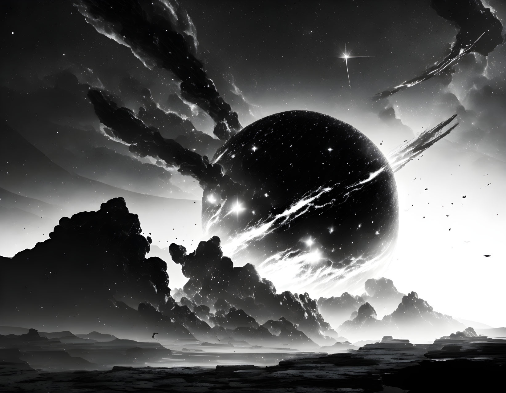 Monochrome sci-fi landscape with large planet, meteor trails, and rocky terrain