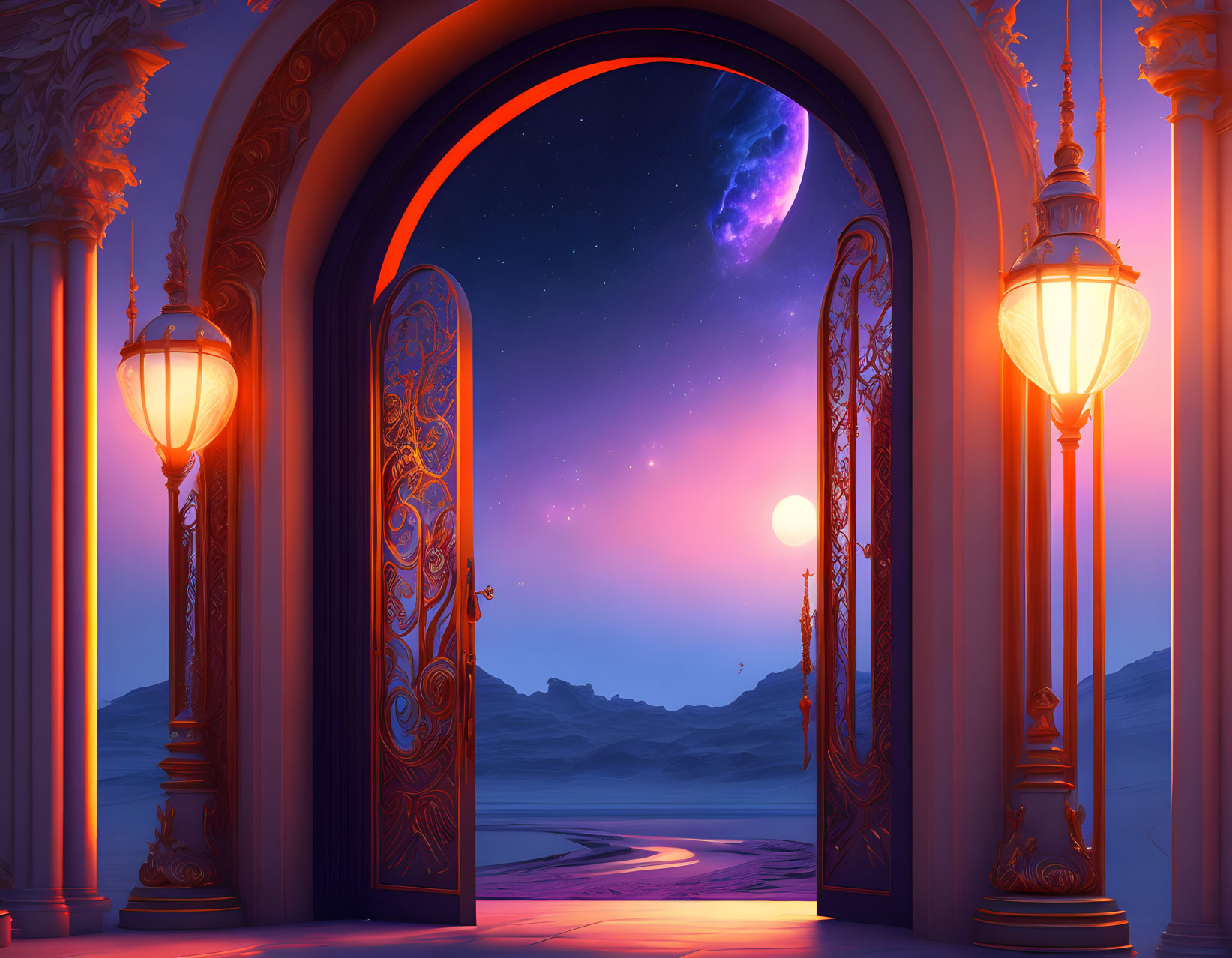 Ornate door opening to desert twilight scene