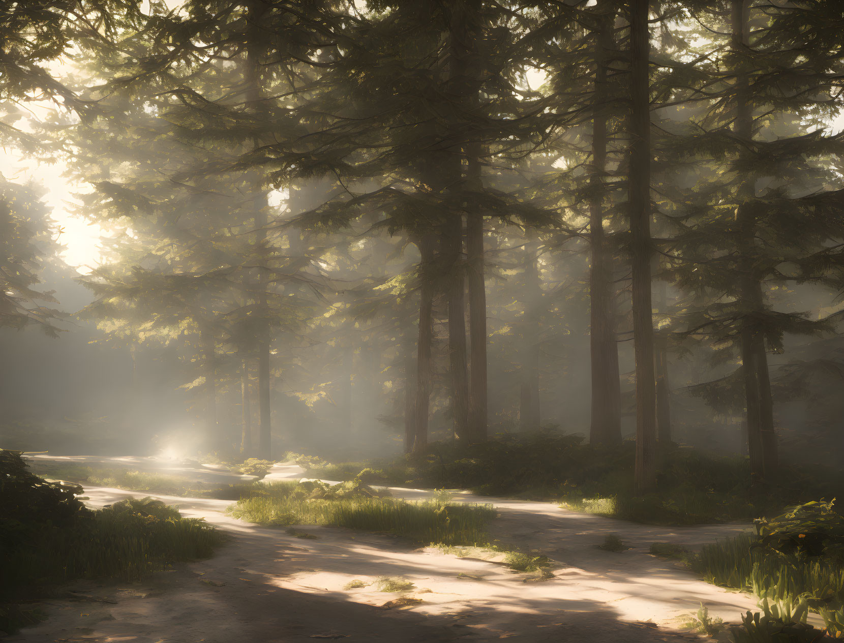 Misty forest scene with sunlight filtering through trees