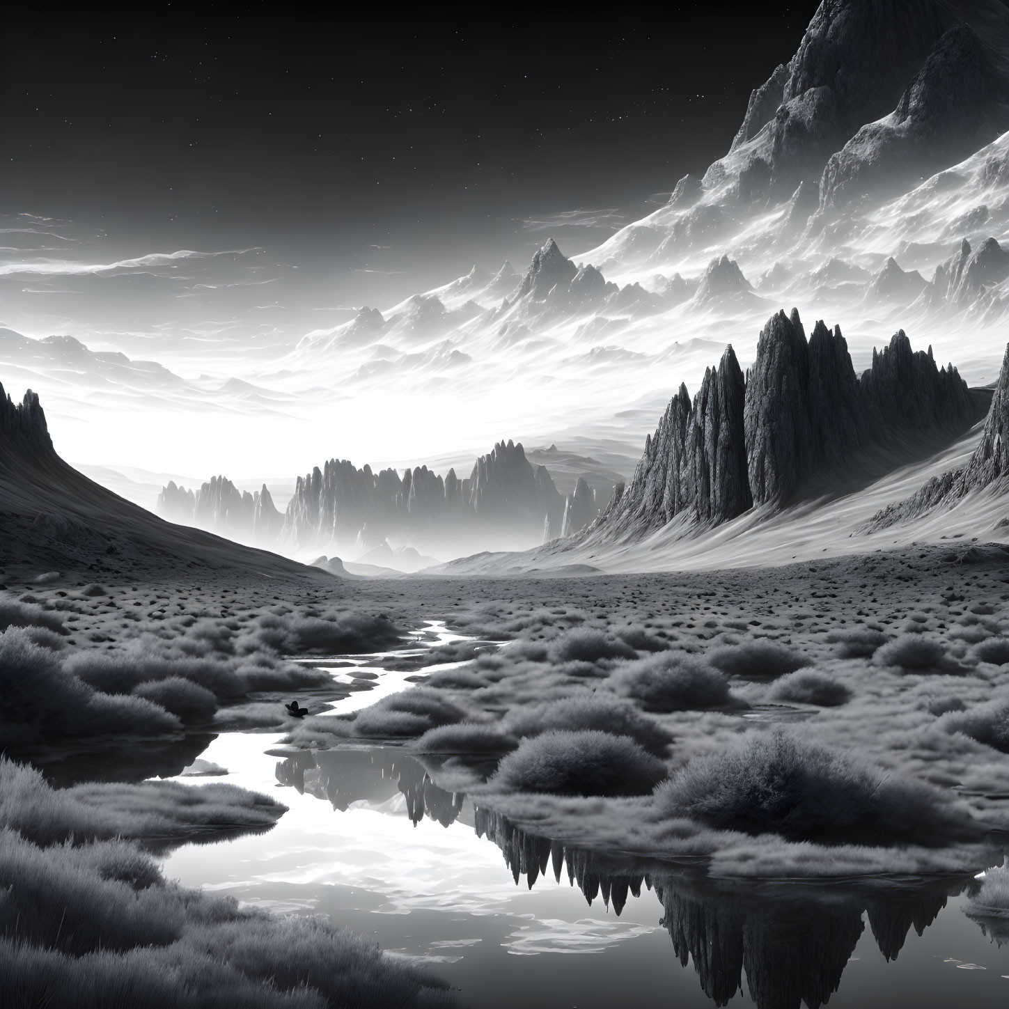 Monochrome landscape with jagged mountains and starry sky