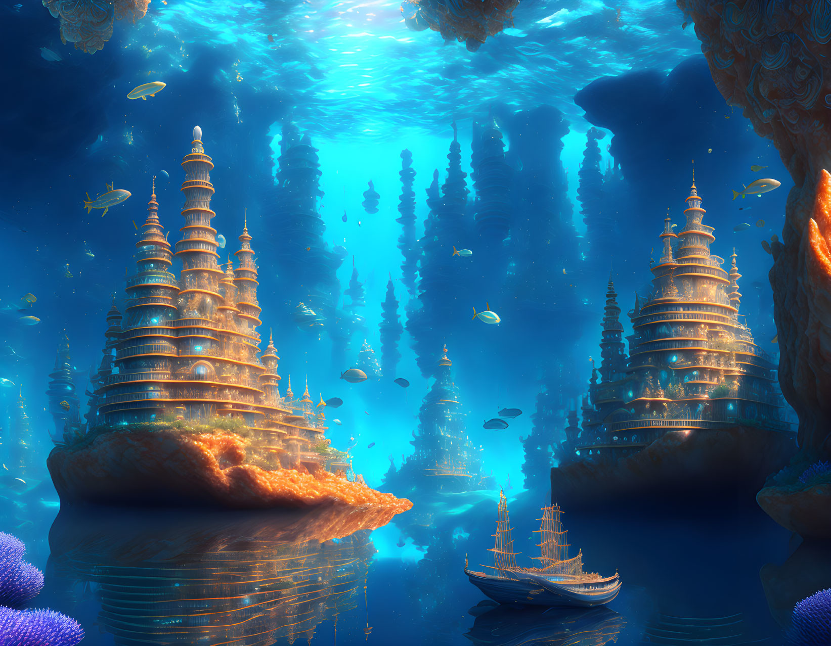 Enchanting underwater city with marine life and sunken ship