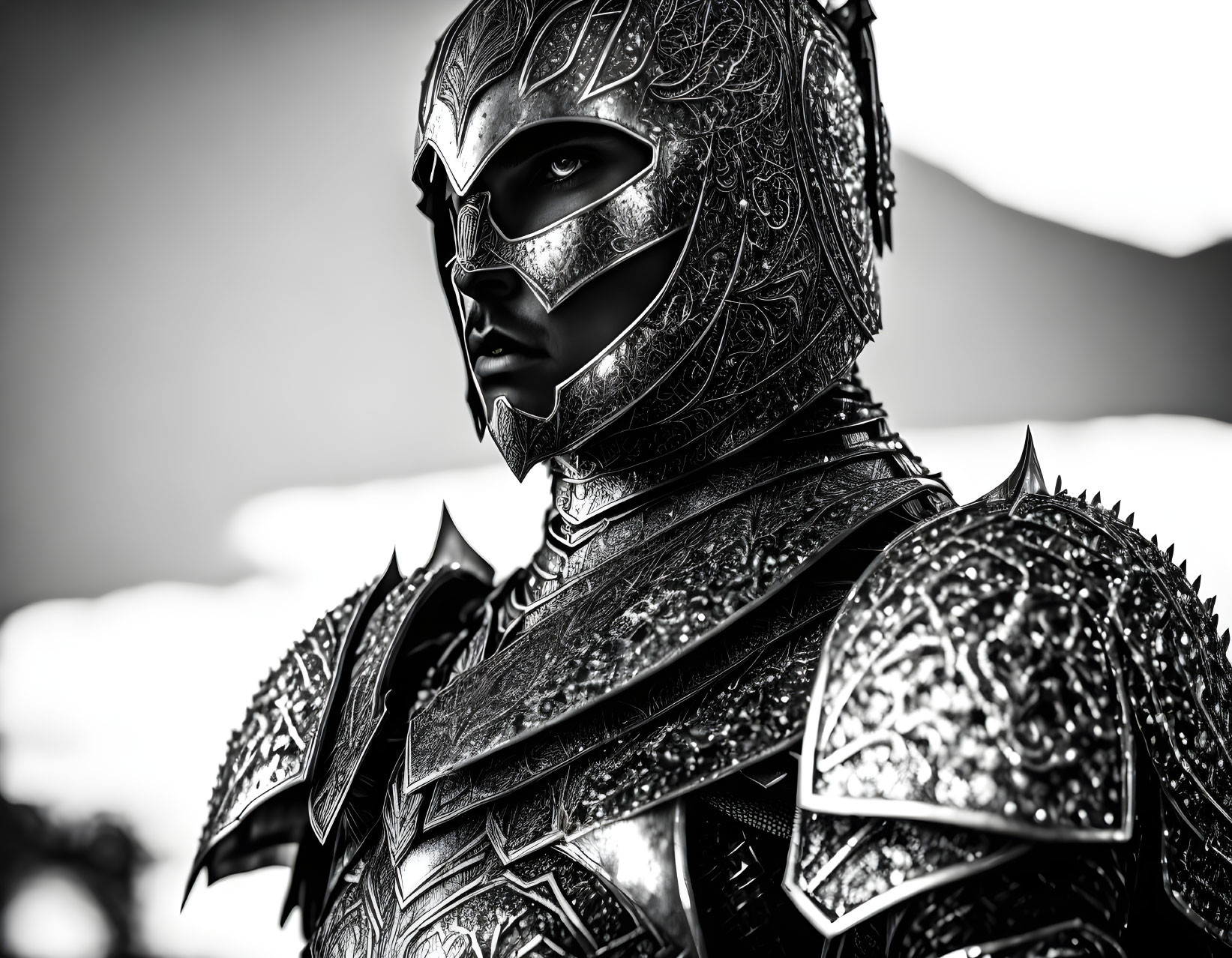 Monochrome close-up of person in detailed spiked metallic armor