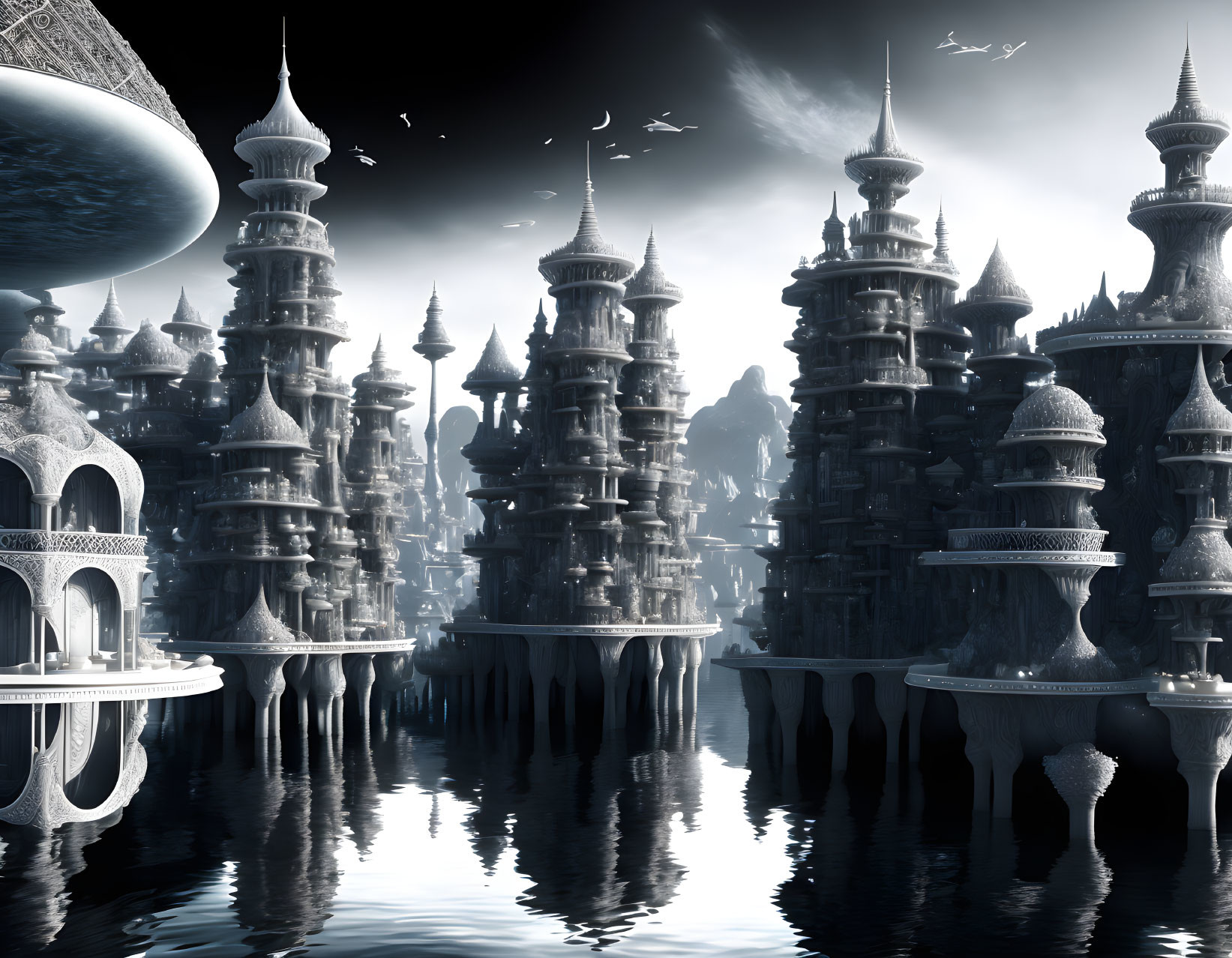 Moonlit fantasy landscape with towering spires, reflecting buildings, large planet, and distant birds.