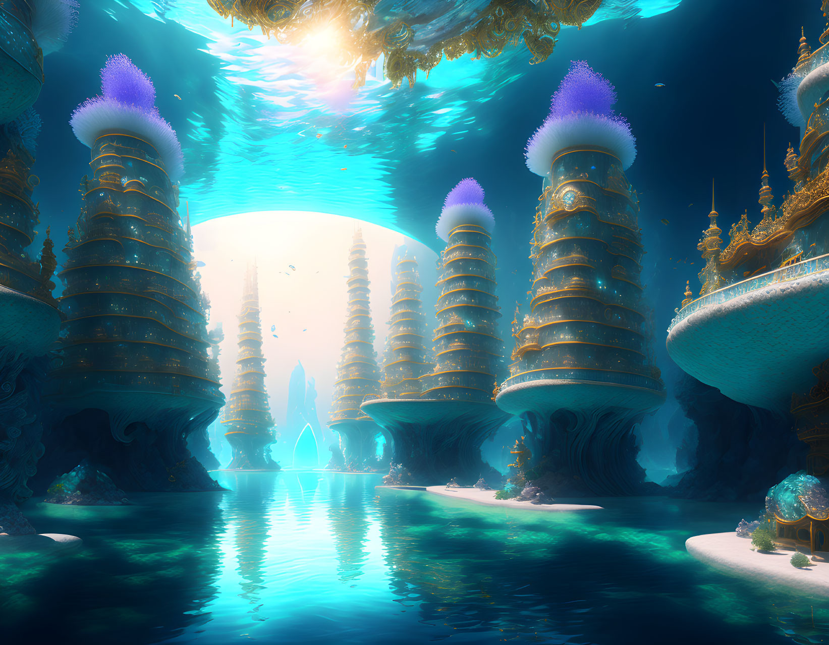 Underwater city with purple coral towers and gilded architecture in blue waters