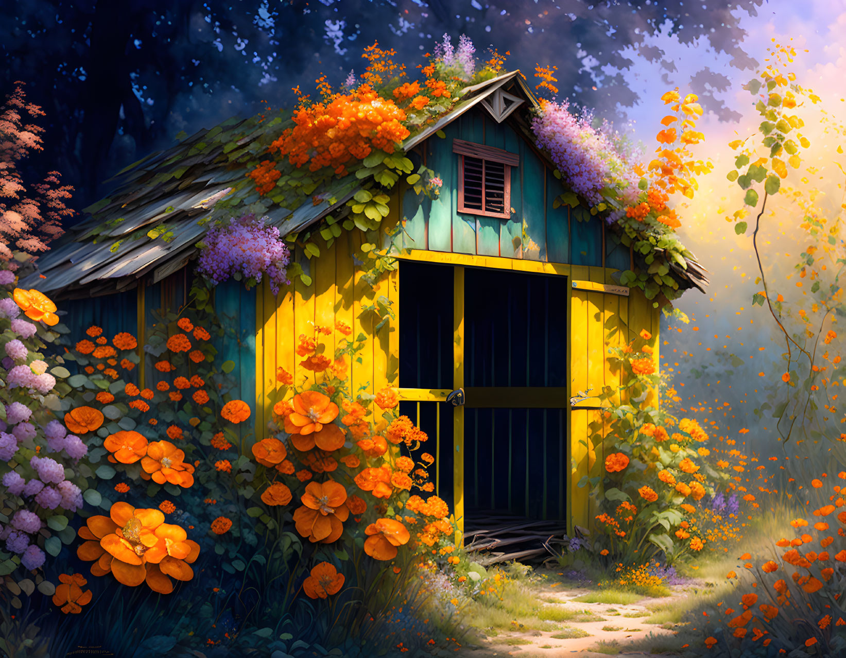 Rustic wooden cabin with yellow door in lush forest scene