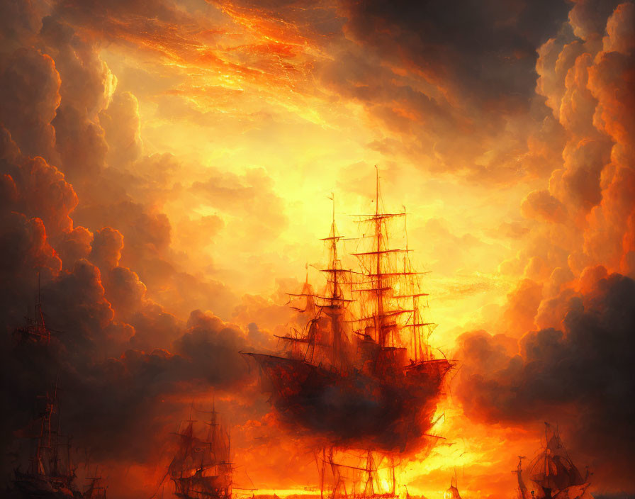 Sailing ships in fiery sky amid dramatic sunset and towering clouds