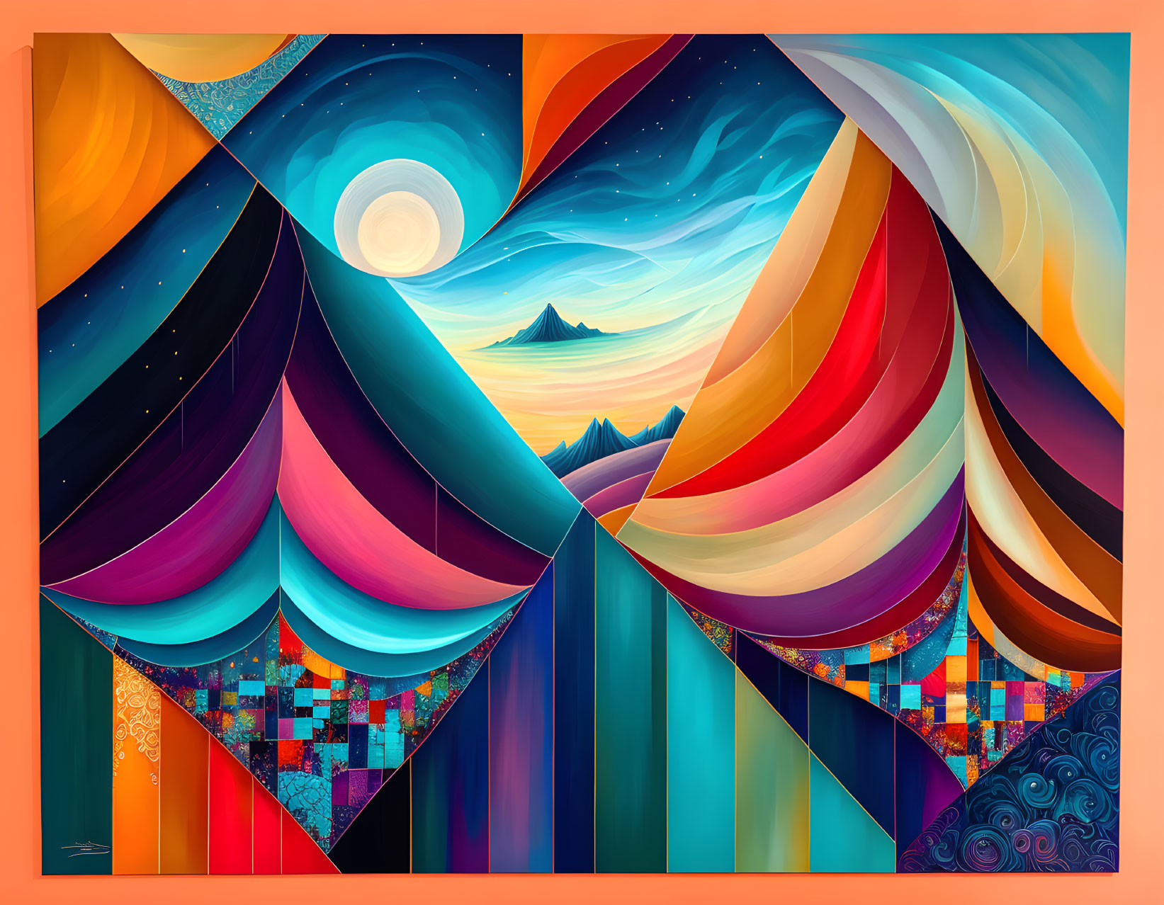 Colorful abstract art with swirling patterns and geometric shapes over a mountain landscape.