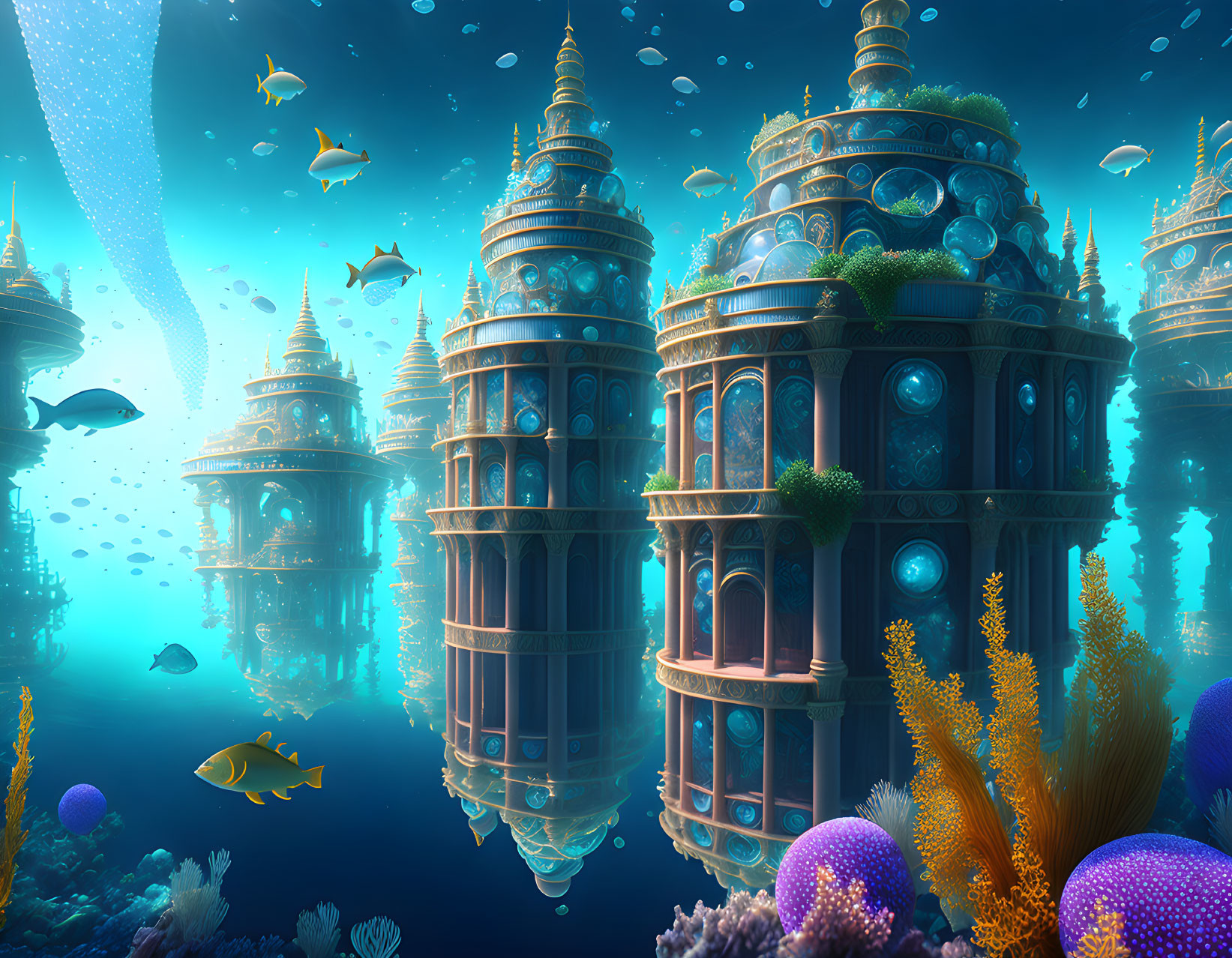 Ornate, domed buildings in an underwater fantasy city surrounded by colorful marine life and coral