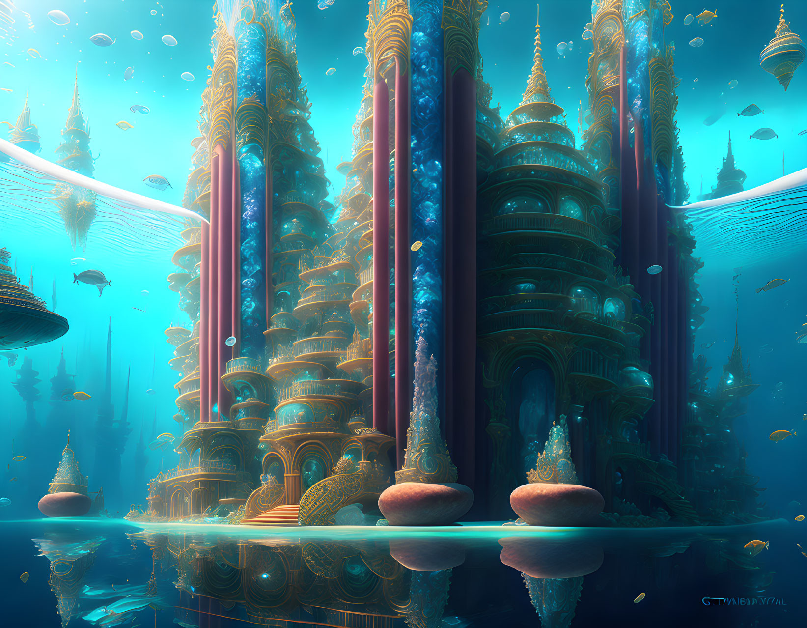 Underwater city with golden spires and fish in blue light