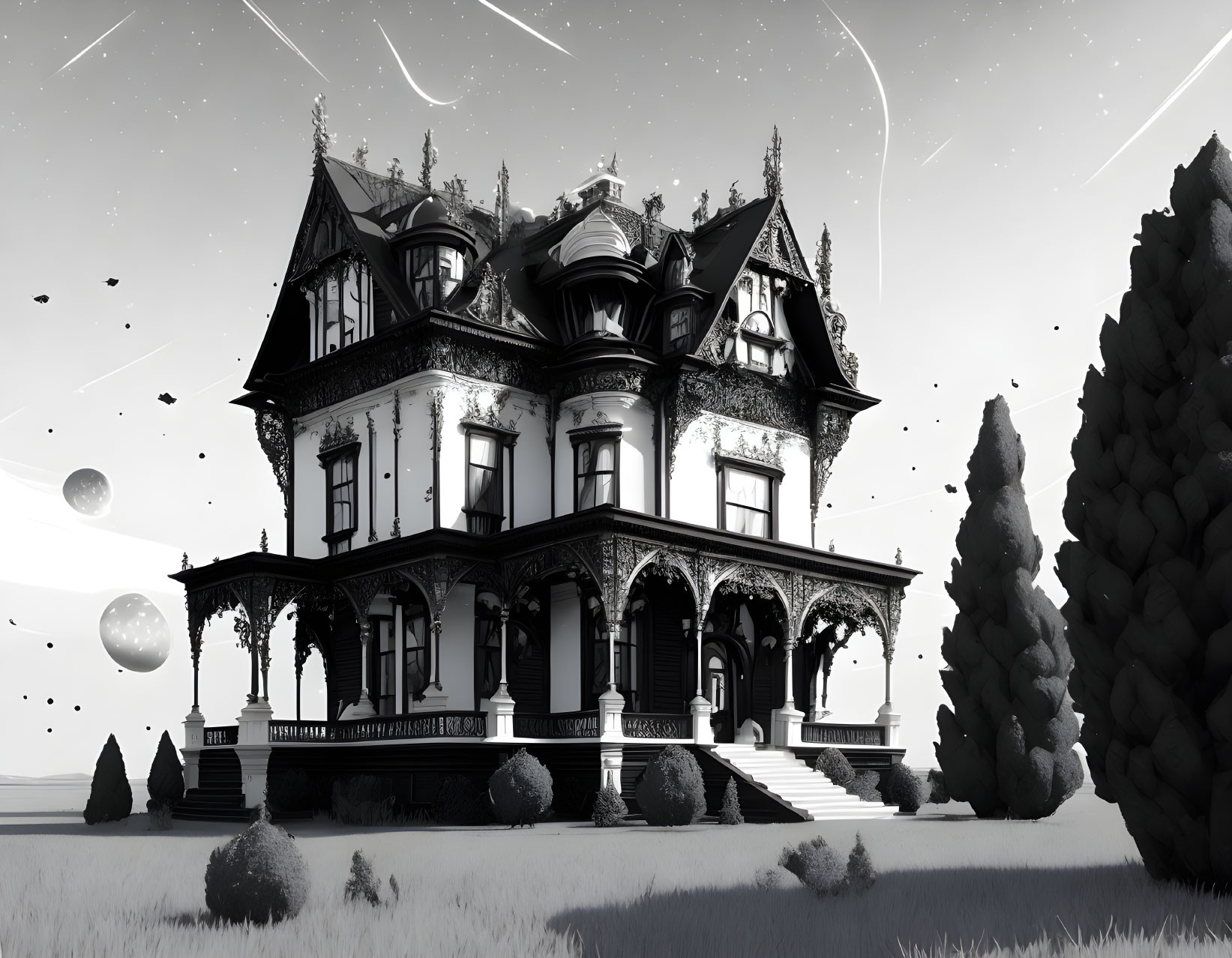 Monochrome Victorian mansion with wraparound porch in surreal setting