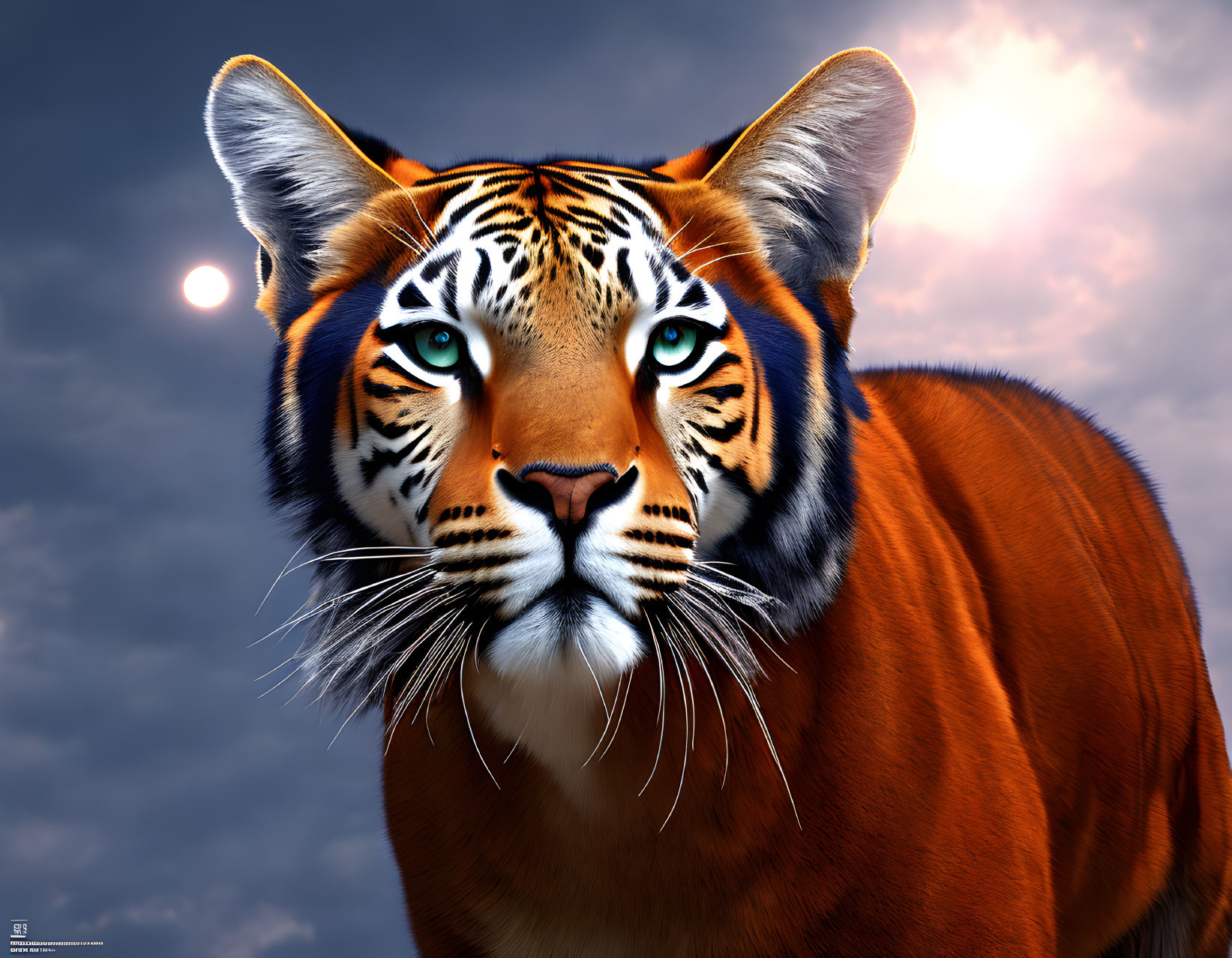 Tiger digital art: human-like eyes, cloudy sky, sun peeking.