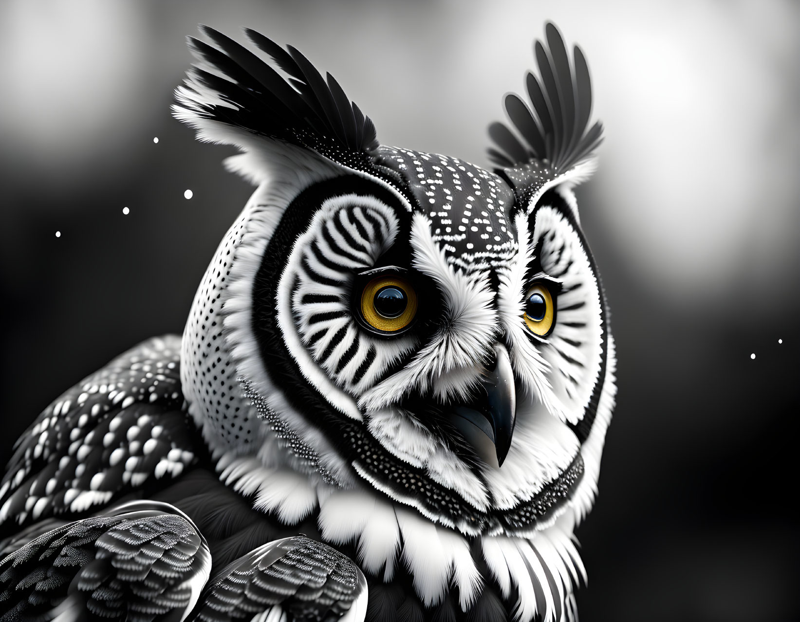 Detailed Black-and-White Owl Image with Striking Feather Patterns