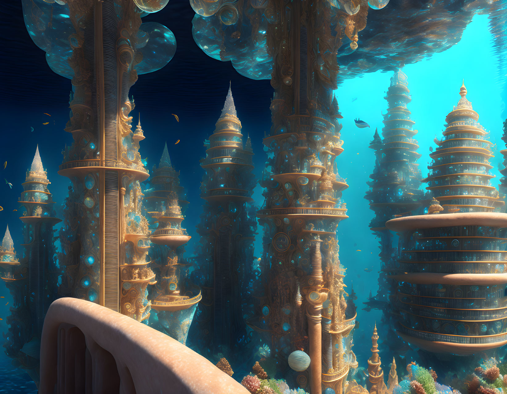 Golden towers in serene underwater scene surrounded by marine life