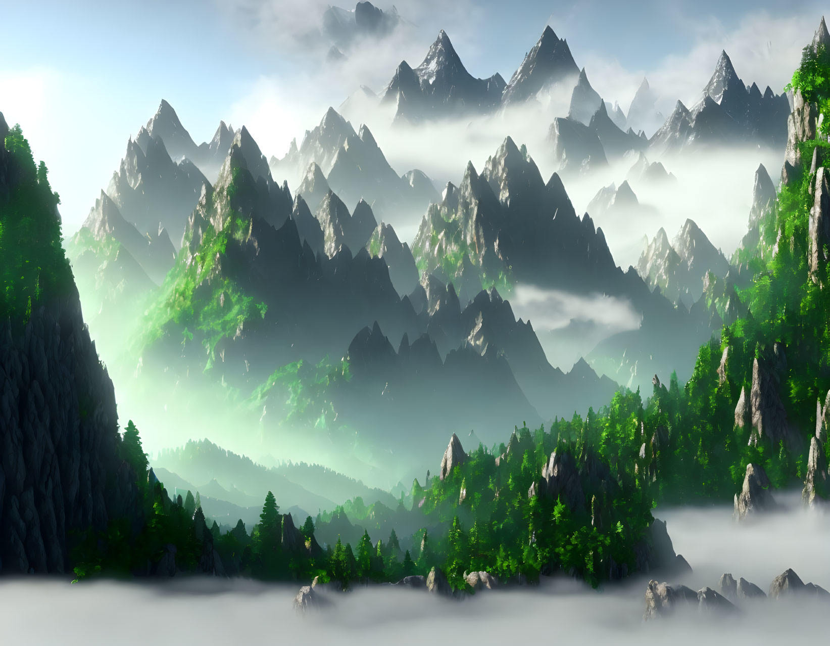 Majestic Misty Mountain Range under Blue Sky