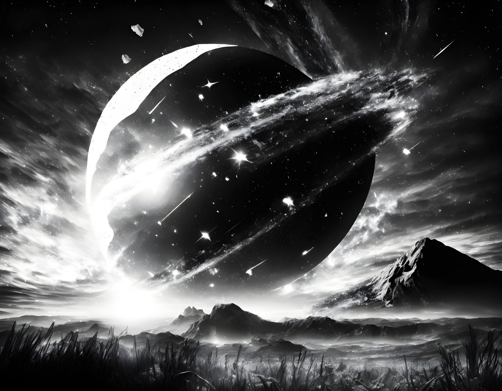 Monochrome cosmic scene with planets, stars, and meteorites from rugged landscape