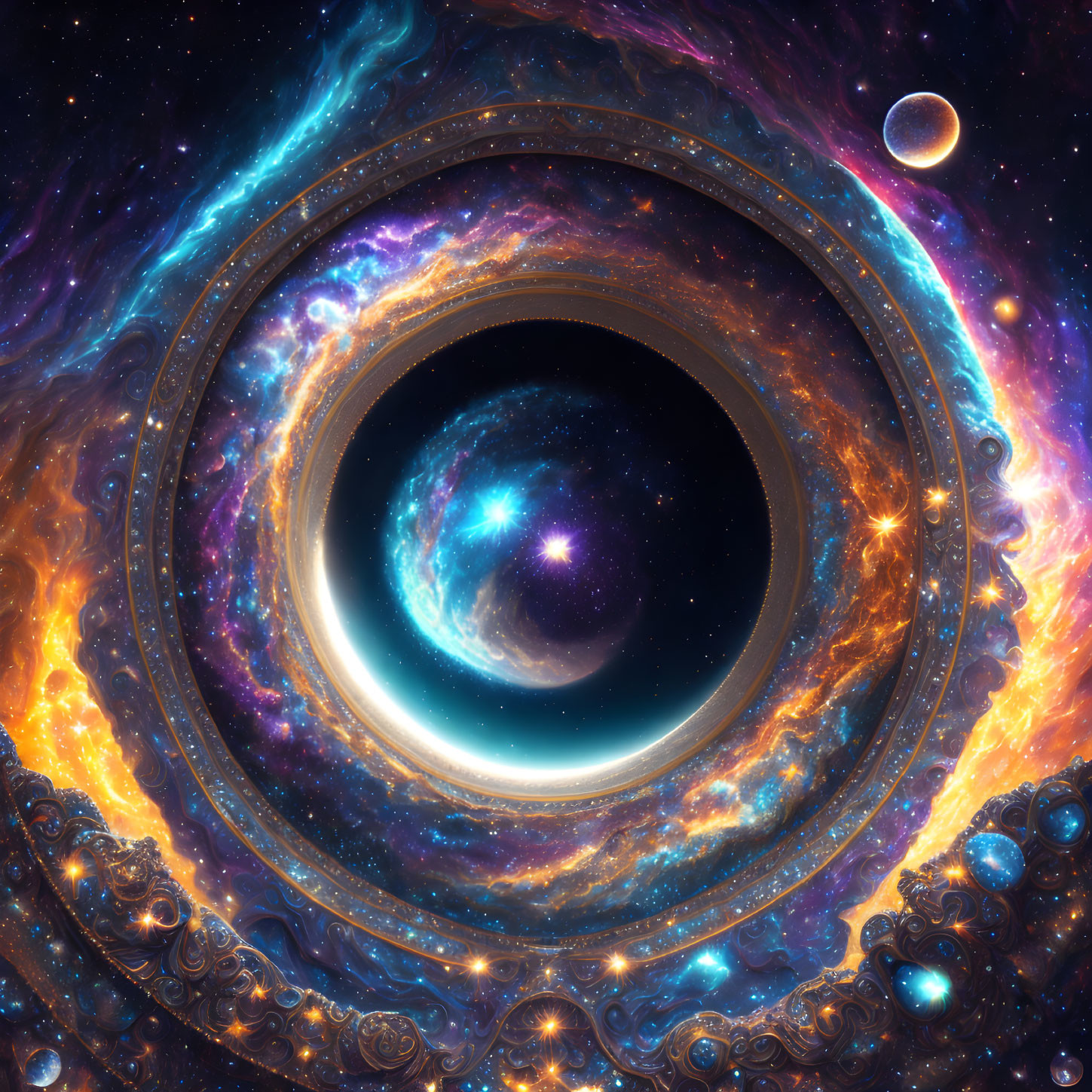 Colorful cosmic scene with black hole and swirling galaxy patterns