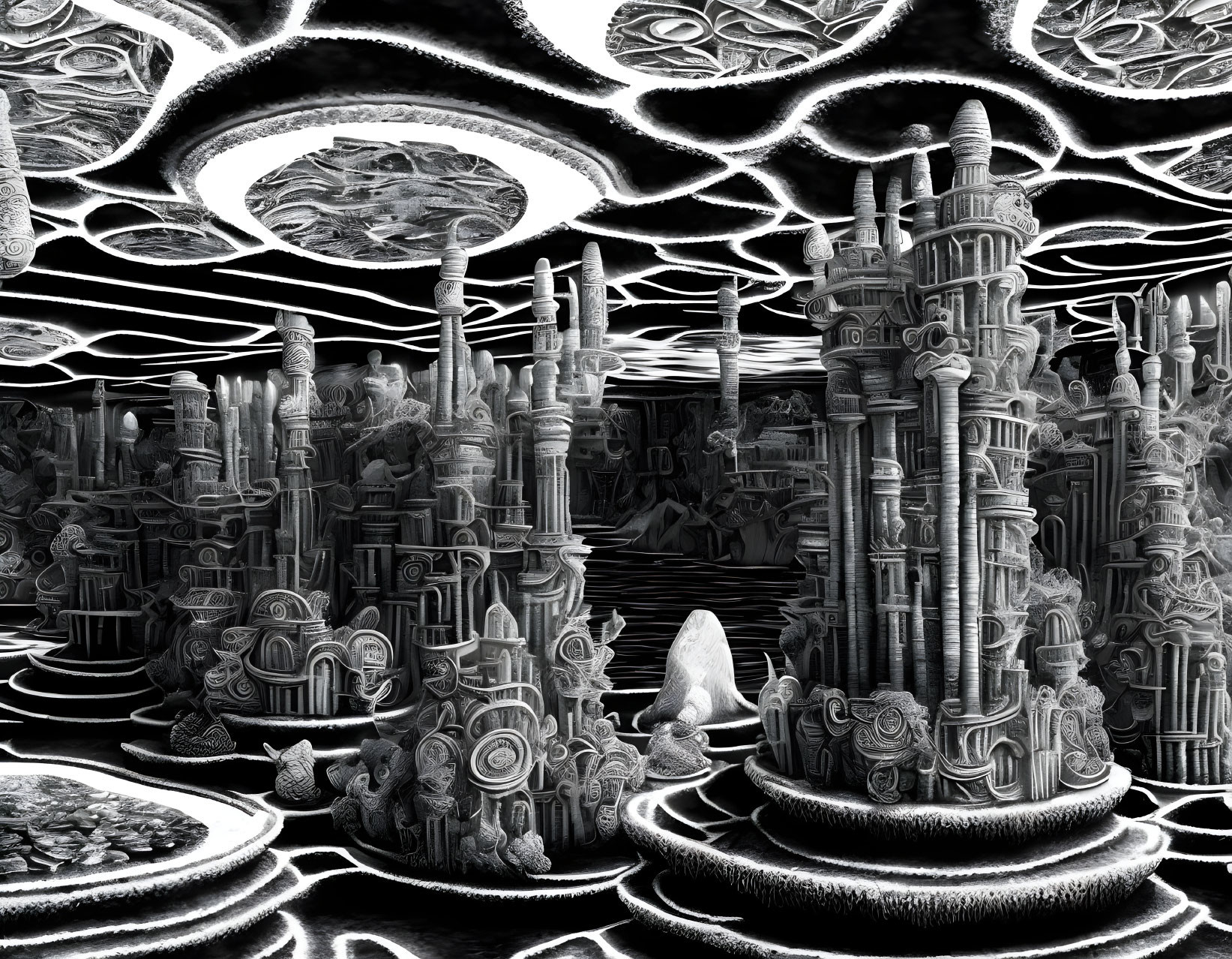 Monochromatic fractal landscape with intricate towering structures