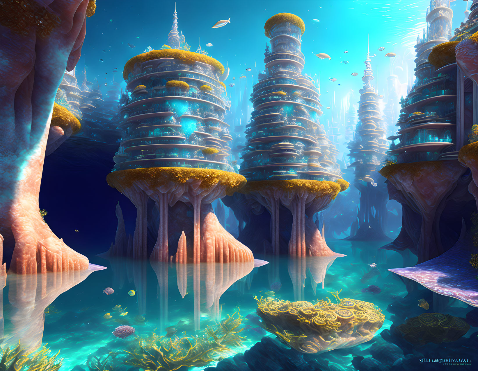 Colorful Underwater City with Towering Coral Structures