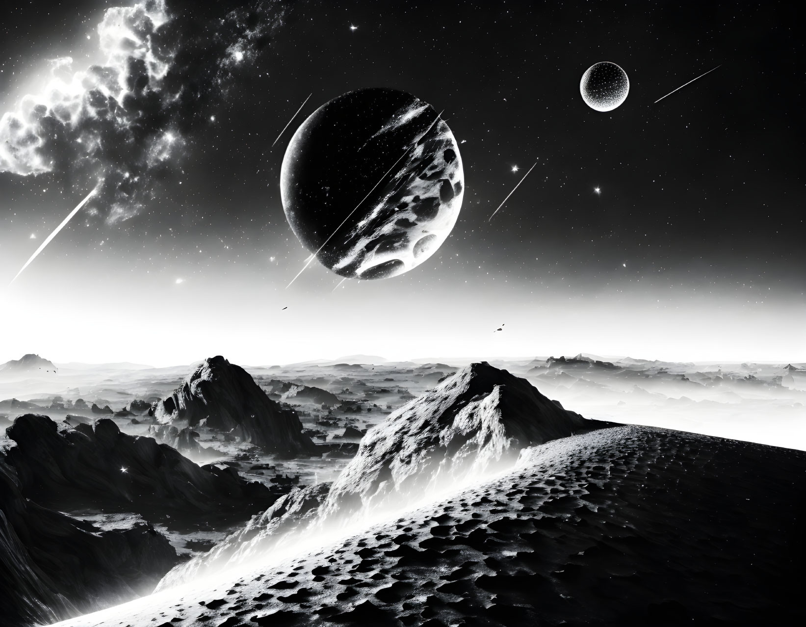 Monochrome science fiction landscape with rocky terrain and celestial bodies