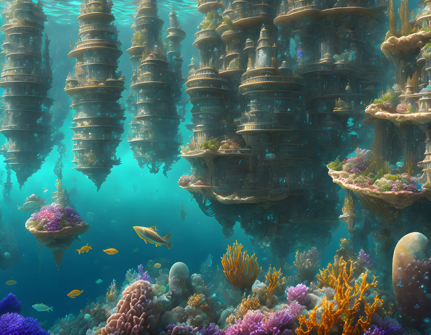 Intricate coral formations with fish near ancient submerged buildings