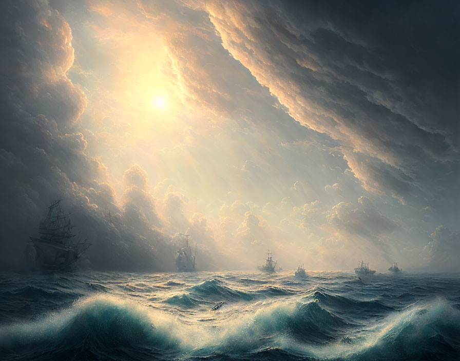 Sailing ships on stormy sea under dramatic sky with sunlight breaking through