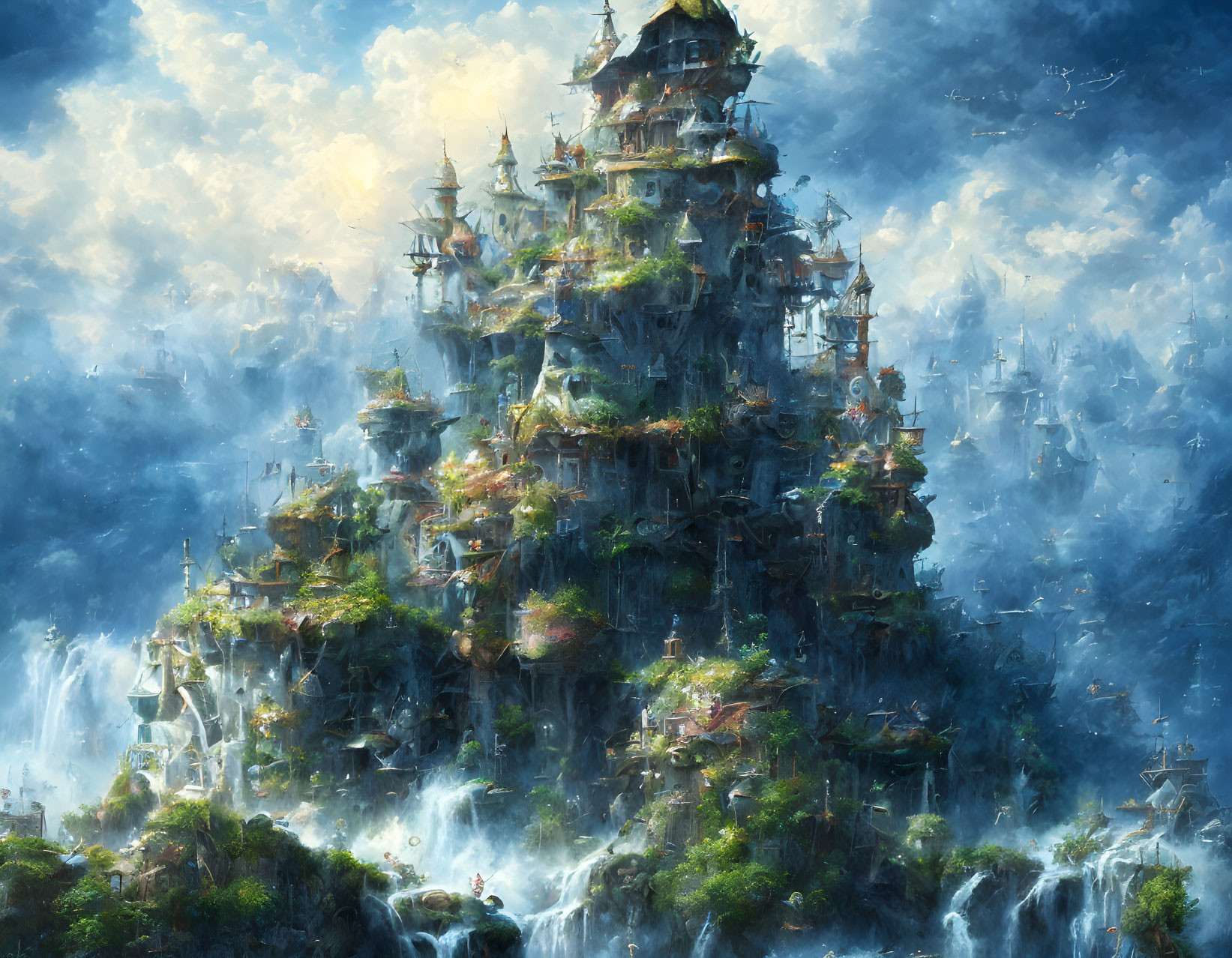 Mystical city with waterfalls and lush greenery in hazy landscape