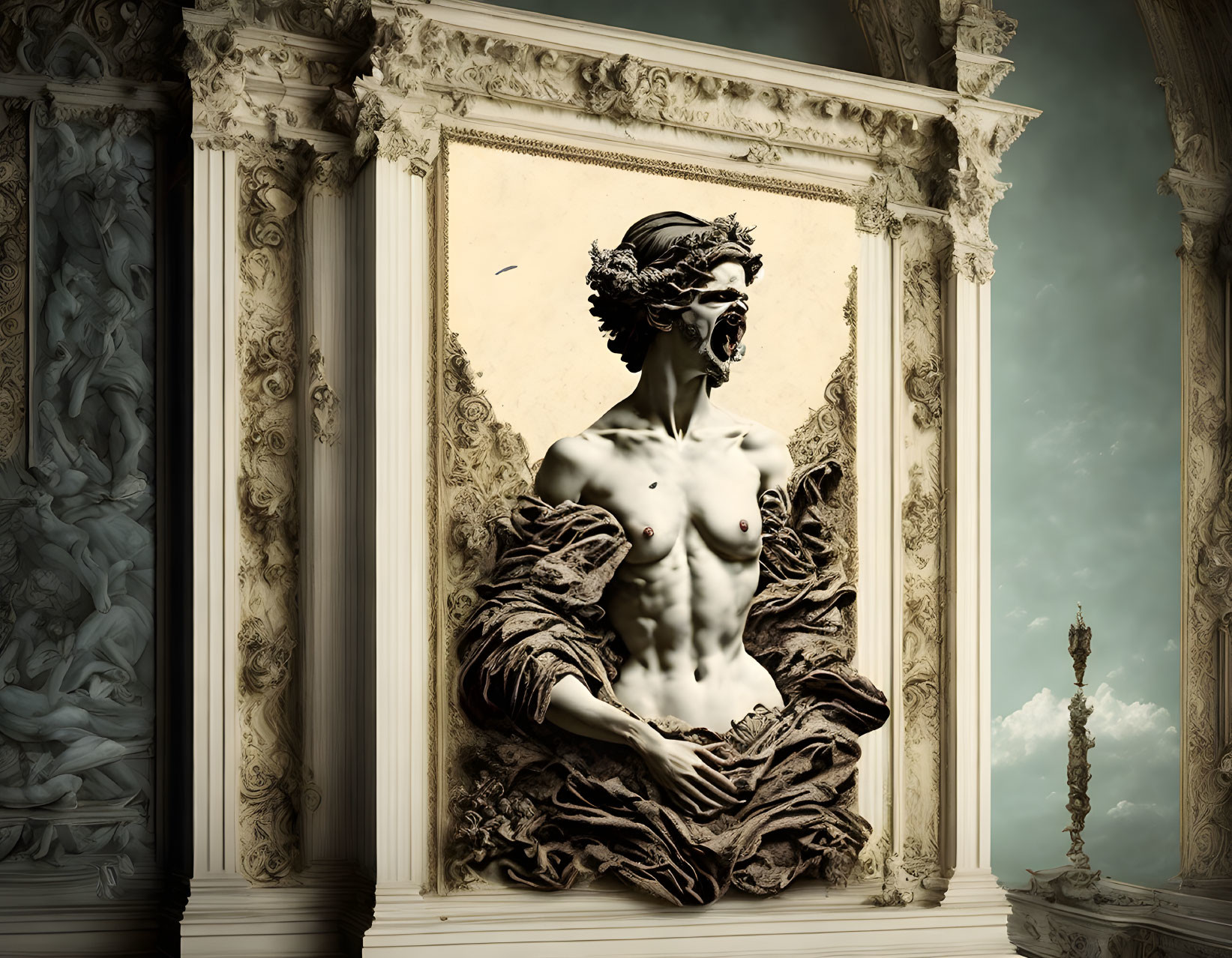 Digital 3D artwork: Classical sculpture bust breaks through framed painting in ornate setting