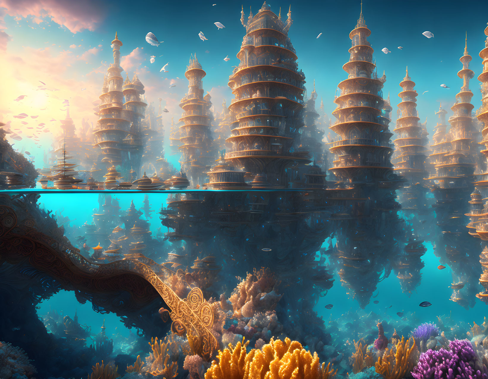 Pagoda-like structures among coral formations under serene sky