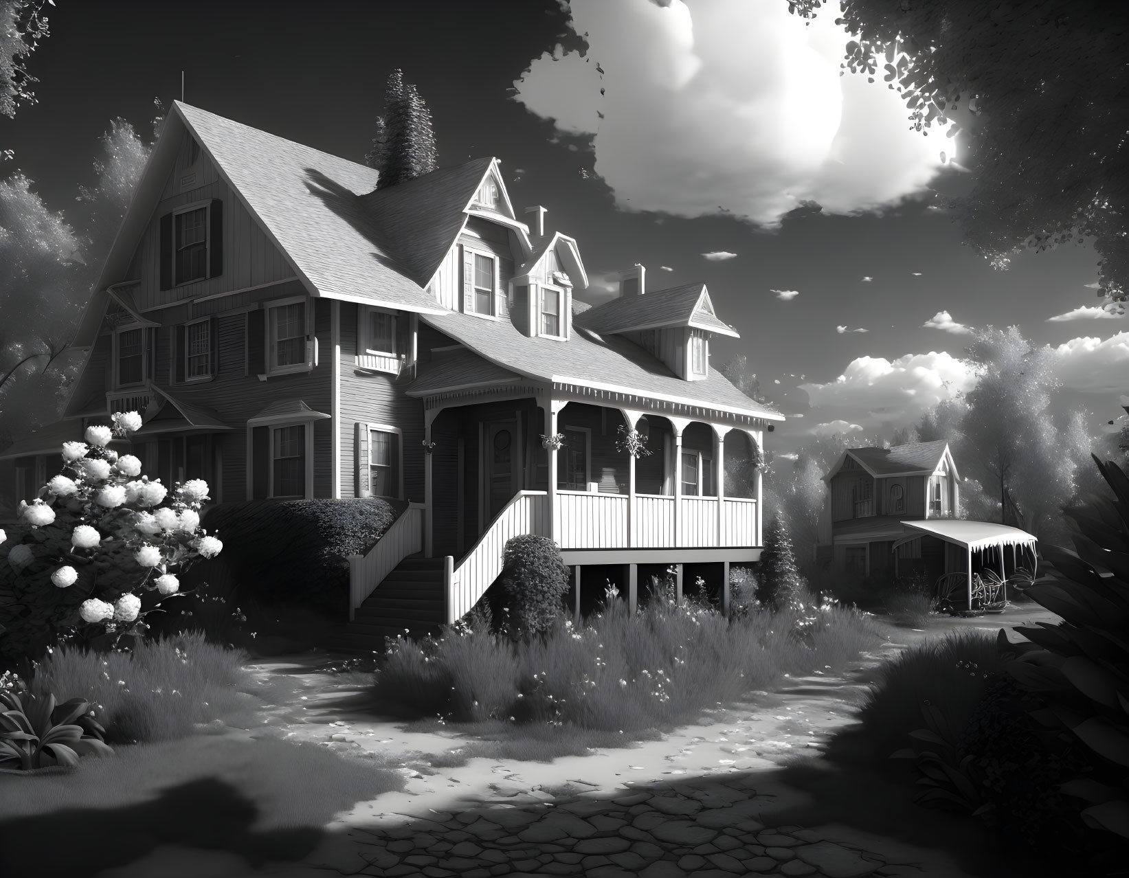 Victorian-style house with wraparound porch in monochrome.