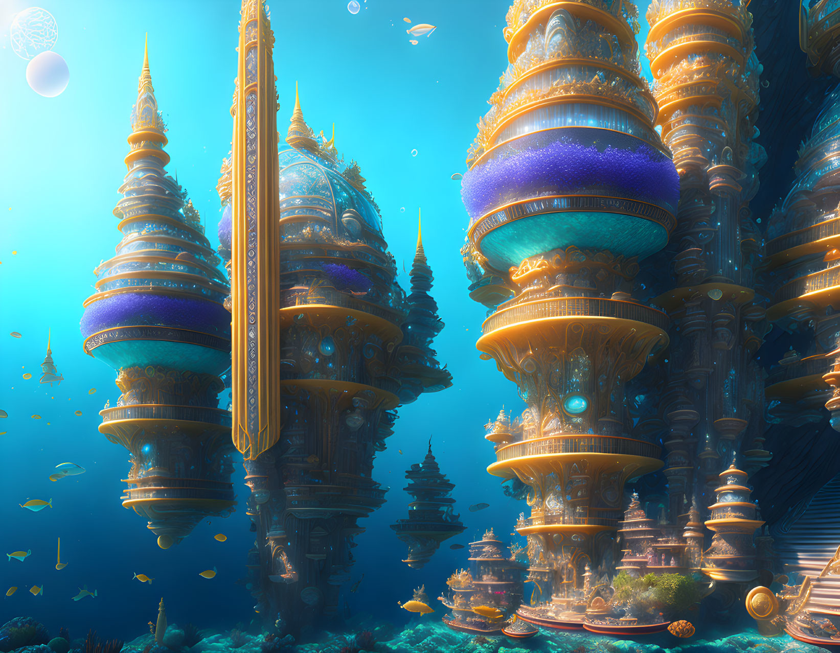 Intricate underwater city with towering structures and marine life