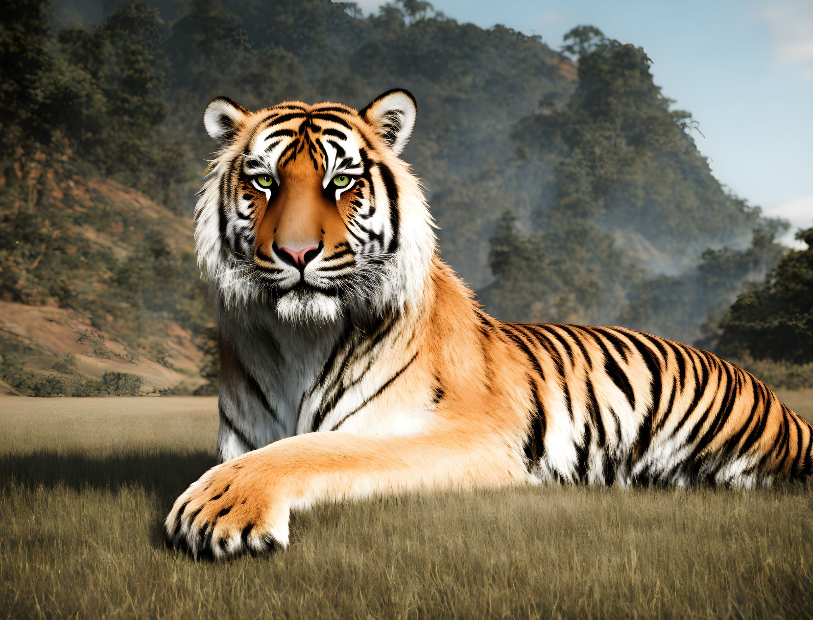 Majestic tiger in grass with intense eyes and orange stripes