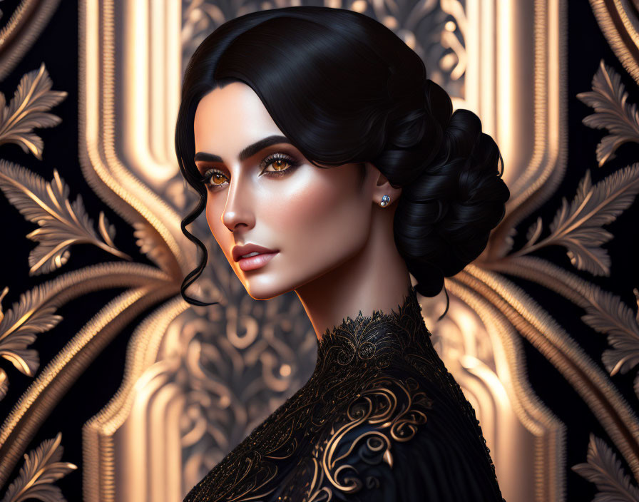 Digital portrait of woman with dark hair in elegant updo, striking makeup, and ornate black attire