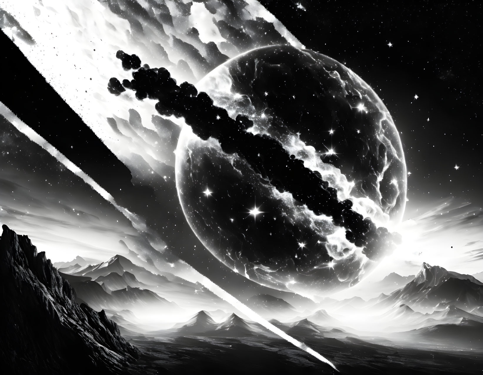 Monochrome mountain landscape under starry sky with planet and comet