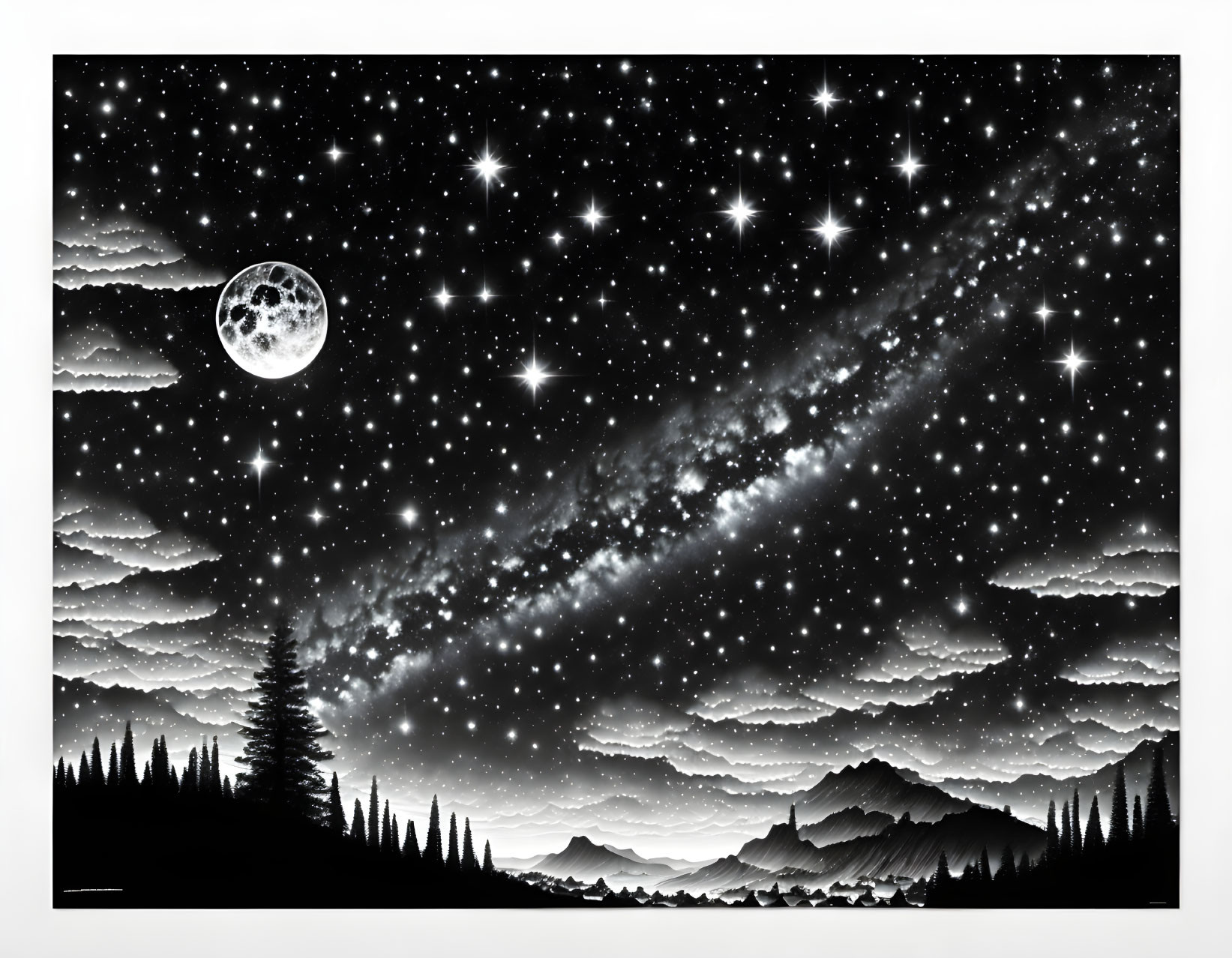 Monochrome starry sky with full moon, galaxy, pine trees, and mountains