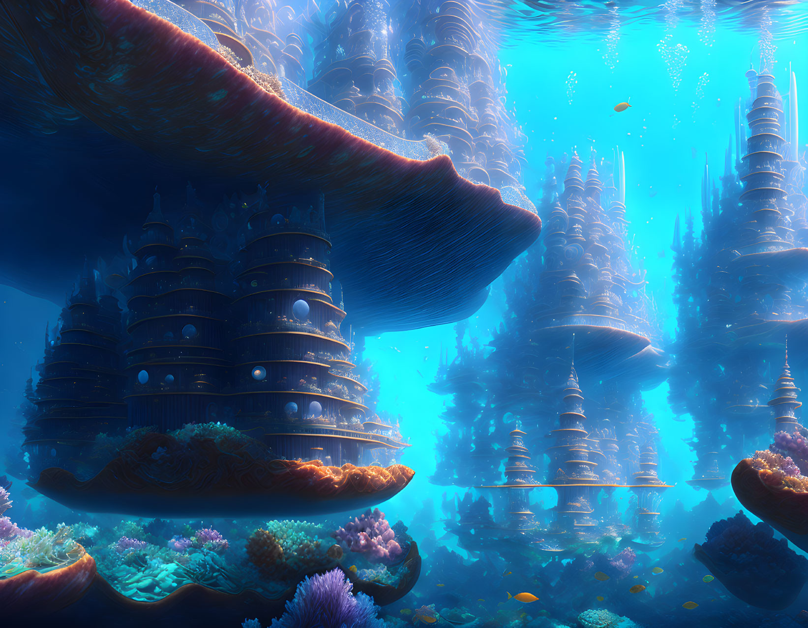 Vibrant underwater fantasy with coral, jellyfish, and marine flora