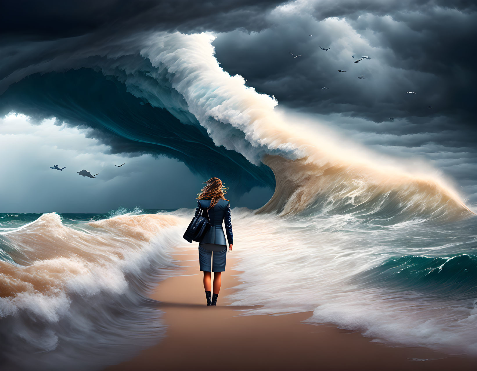 Person facing giant wave on stormy beach with circling seabirds