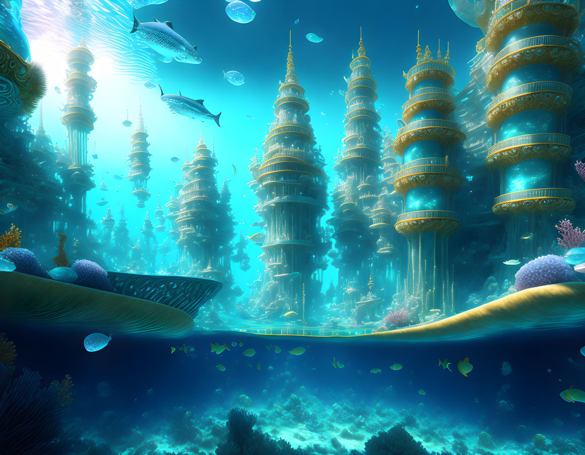 Futuristic underwater cityscape with fish schools and coral formations