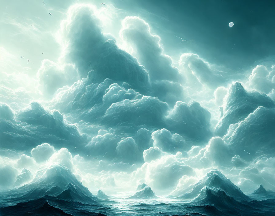 Moonlit seascape with towering cloud waves: a serene and majestic view