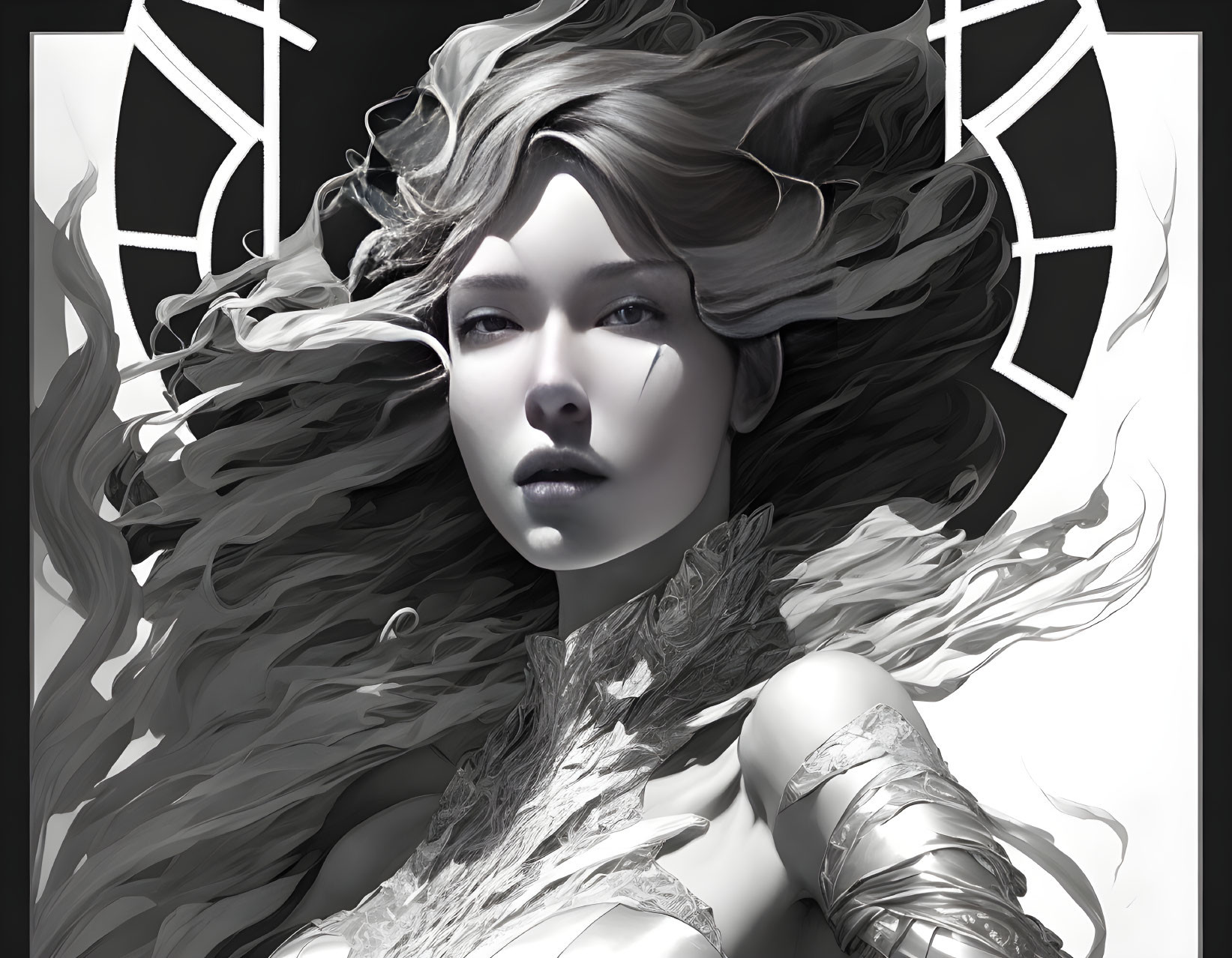 Monochromatic digital artwork of woman in intricate armor against abstract background